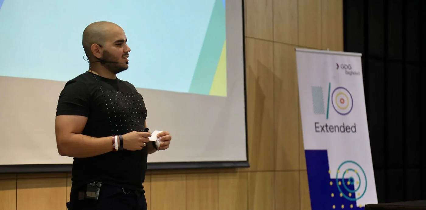 Giving the keynote speech at GDG Baghdad's Google I/O Extended event